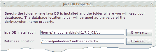 Java DB Properties Window