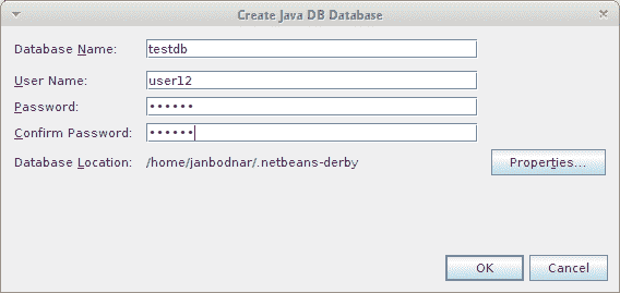 Create Java DB Database dialog