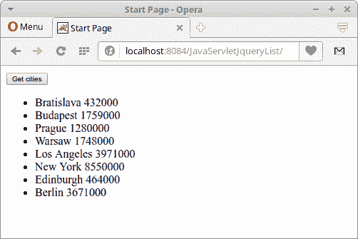Java Servlet JQuery list example